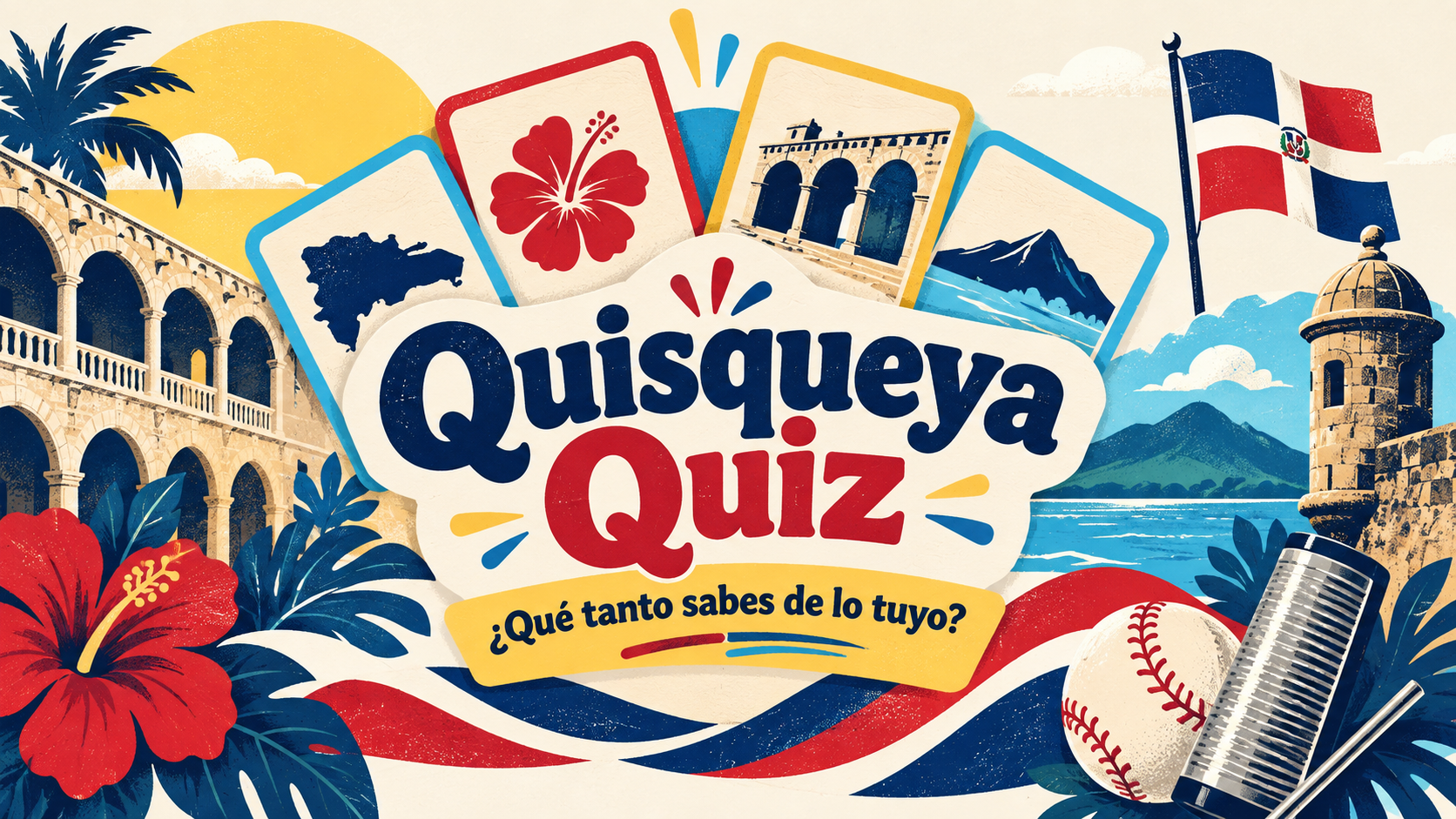 Ilustración original de Quisqueya Quiz con íconos de cultura dominicana