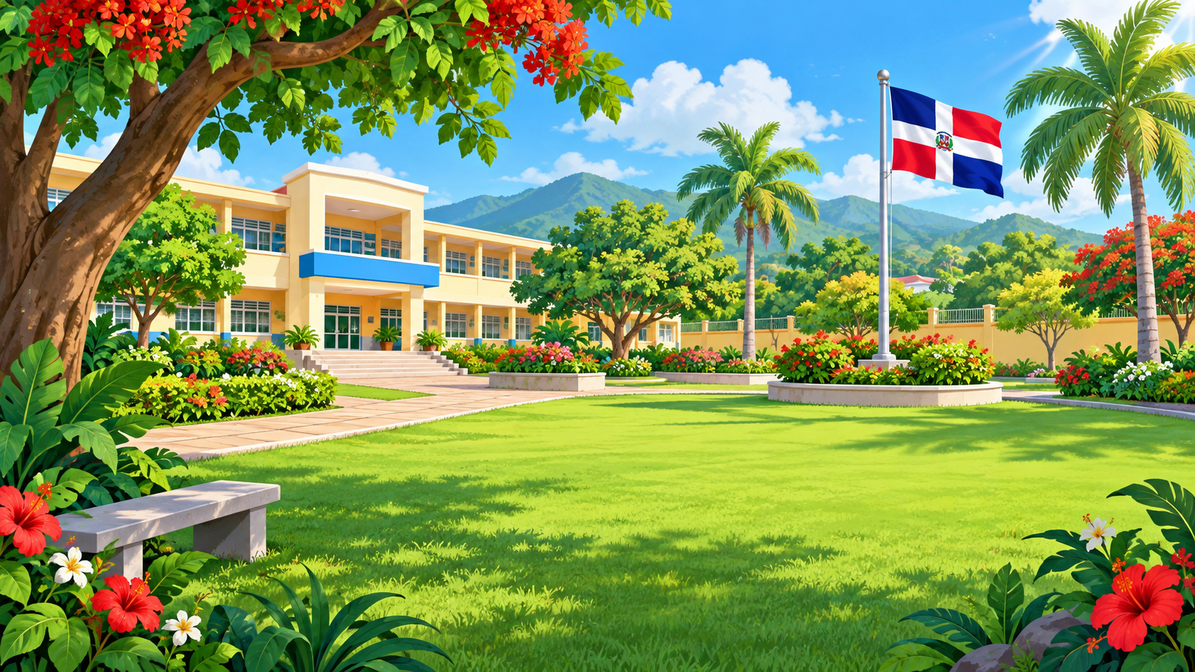 Jardín de una escuela dominicana con árboles, pasto y bandera nacional